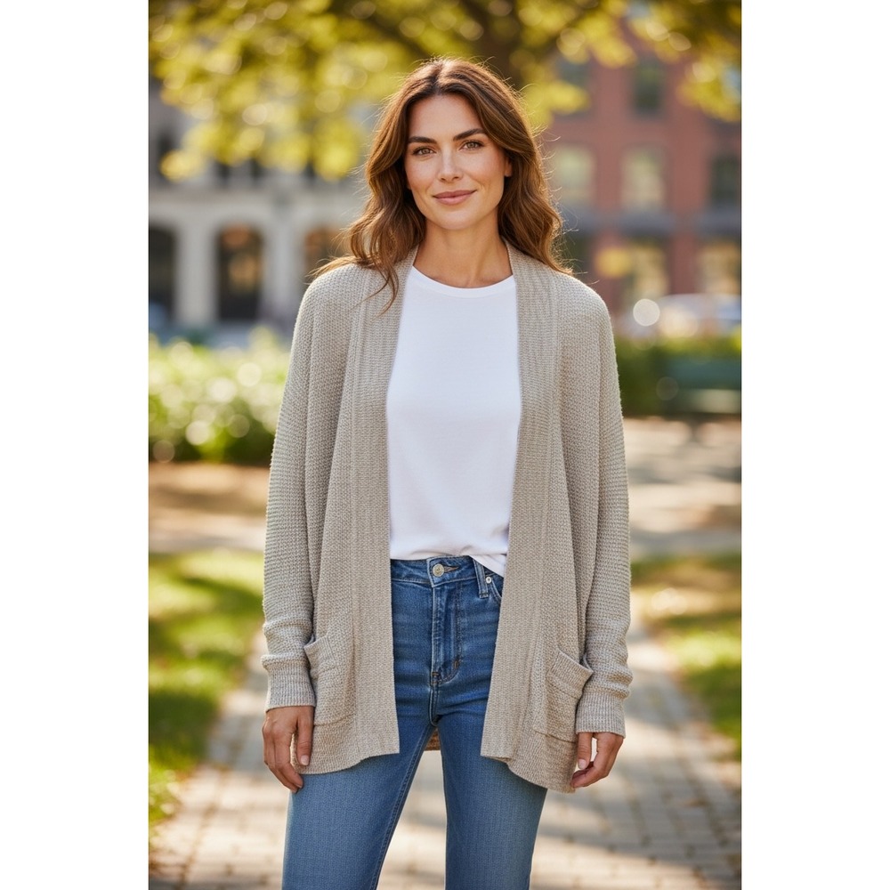 Appleseed's Womens Linen Cotton Open Front Cardigan Sweater Tan Marl Medium